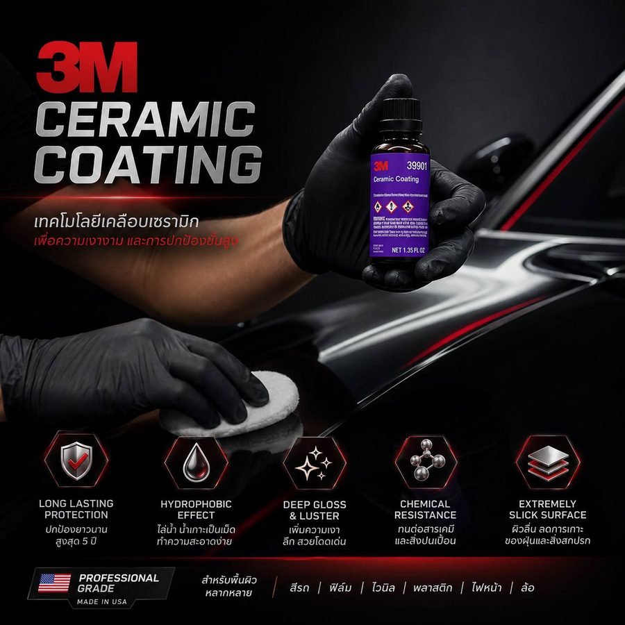 โปสเตอร์ 3M Ceramic Coating แสดงจุดเด่น 5 ด้าน และพื้นผิวที่ใช้ได้ ได้แก่ สีรถ ฟิล์ม ไวนิล พลาสติก ไฟหน้า และล้อ