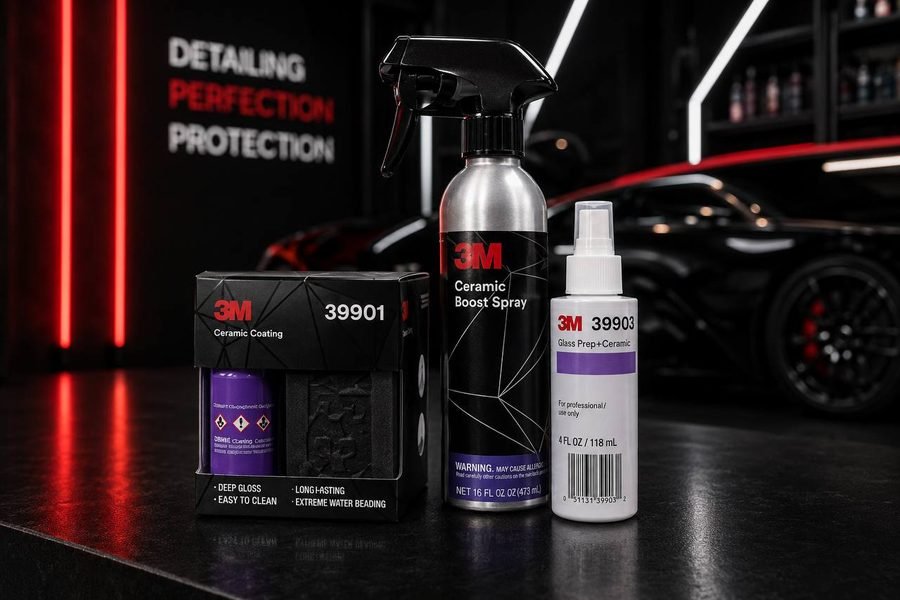 ผลิตภัณฑ์ 3M Ceramic Coating 39901, Ceramic Boost Spray และ Glass Prep+Ceramic 39903 วางเรียงบนโต๊ะสีดำ