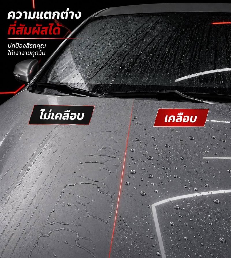 ภาพเปรียบเทียบฝากระโปรงรถสีเทา ฝั่งไม่เคลือบน้ำไหลเป็นแผ่น ฝั่งเคลือบน้ำเกาะเป็นเม็ด