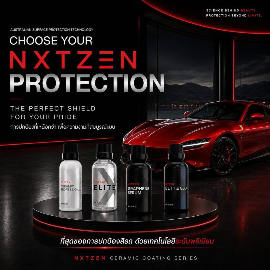 โปสเตอร์ NXTZEN Choose Your Protection แสดงขวดน้ำยา Ceramic Professional, Elite, Graphene Serum และ Elite GSO2 วางหน้ารถสปอร์ตสีแดง