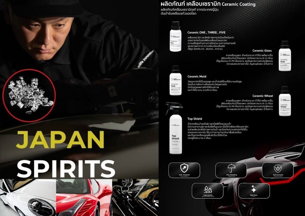 โบรชัวร์ ULGO Japan Spirits แสดงผลิตภัณฑ์ Ceramic ONE THREE FIVE, Ceramic Glass, Ceramic Mold, Ceramic Wheel และ Top Shield