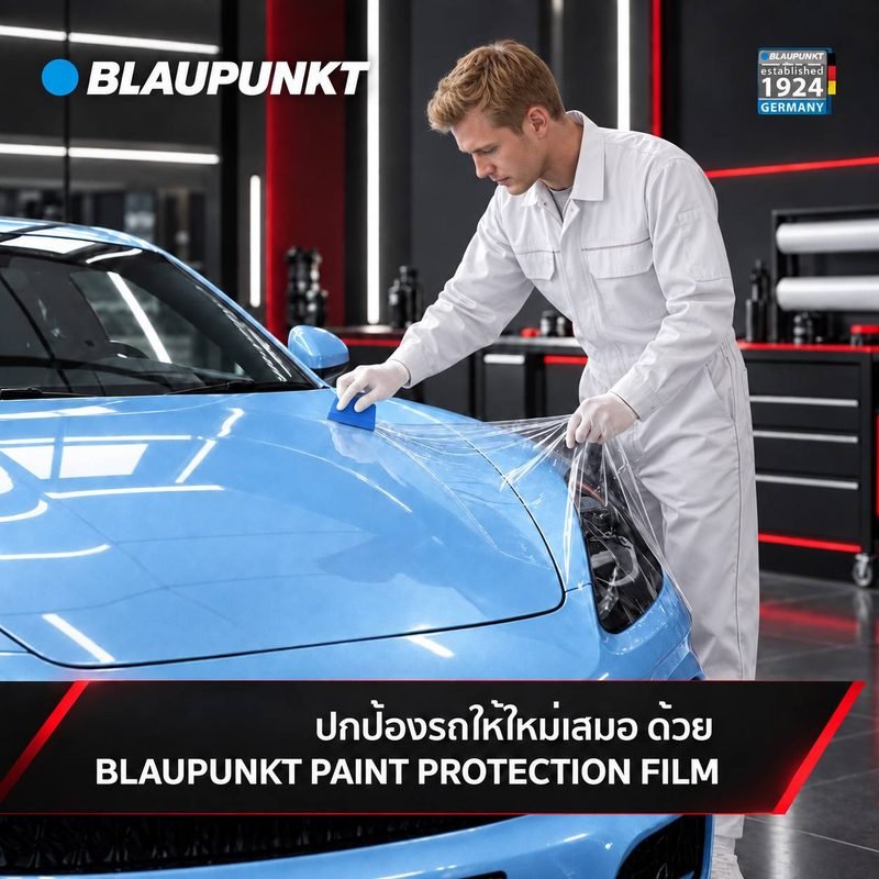 ภาพประชาสัมพันธ์ Blaupunkt Paint Protection Film ช่างในชุดสีขาวกำลังรีดฟิล์มใสบนฝากระโปรงรถสีฟ้า พร้อมตรา established 1924 Germany