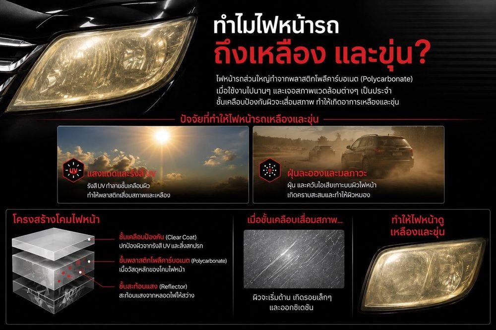 อินโฟกราฟิกสาเหตุที่ไฟหน้ารถเหลืองและขุ่น ได้แก่ แสงแดดและรังสี UV ฝุ่นละอองและมลภาวะ พร้อมภาพโครงสร้างชั้นเคลือบของโคมไฟหน้าแบบ Polycarbonate
