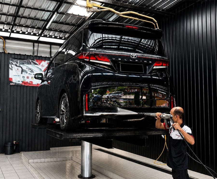 ช่างกำลังฉีดล้างช่วงล่างรถ Toyota Vellfire บนลิฟท์ในอู่ของร้าน