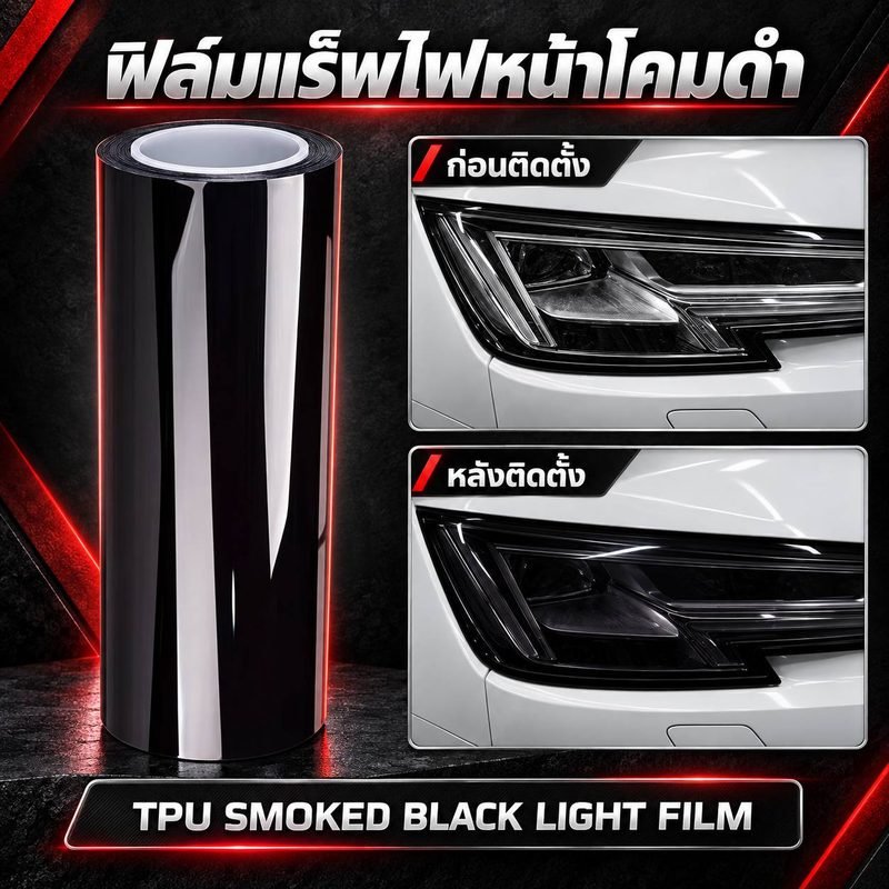 ม้วนฟิล์ม TPU Smoked Black Light Film สีดำเงา พร้อมภาพเปรียบเทียบไฟหน้ารถสีขาวก่อนและหลังติดตั้งฟิล์มโคมดำ