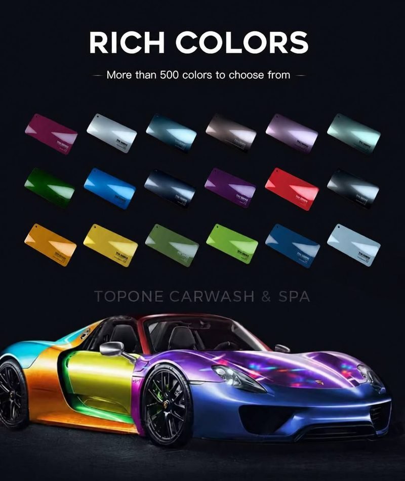 แผ่นตัวอย่างสีฟิล์ม 18 เฉด พร้อมข้อความ Rich Colors More than 500 colors to choose from และรถสปอร์ตแร็พสีเหลือบหลายโทน