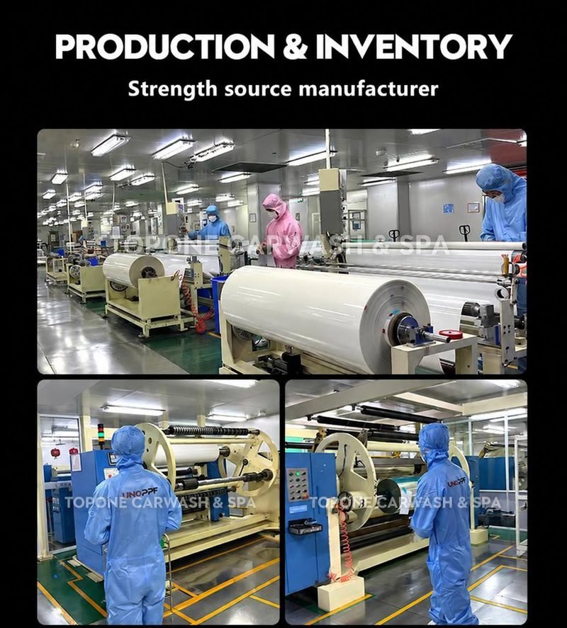 ภาพ Production & Inventory ภายในโรงงานผลิตฟิล์ม มีม้วนฟิล์มสีขาวบนเครื่องจักร และพนักงานสวมชุดคลุมป้องกันฝุ่น