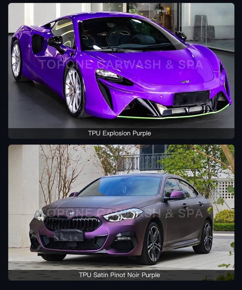 ตัวอย่างรถแร็พฟิล์ม TPU สีม่วง 2 คัน: รถสปอร์ตสี TPU Explosion Purple ผิวเงา และรถซีดานสี TPU Satin Pinot Noir Purple ผิวซาติน