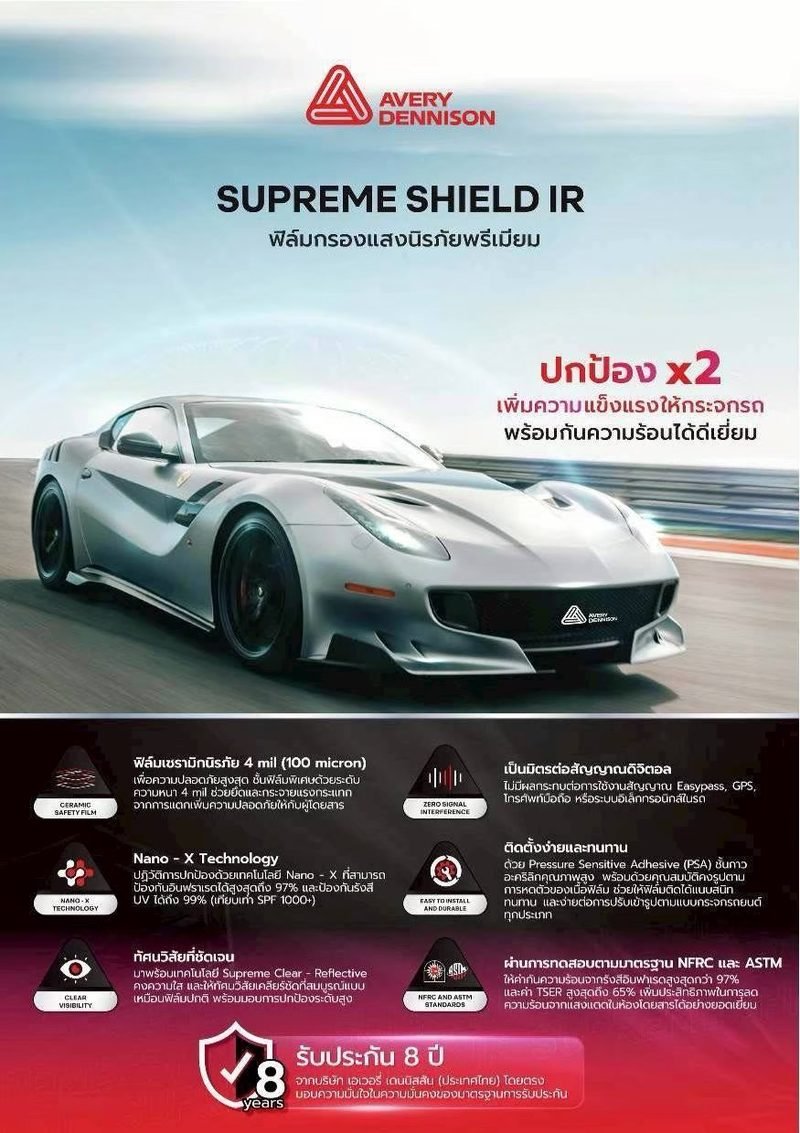 โบรชัวร์ Avery Dennison Supreme Shield IR ฟิล์มกรองแสงนิรภัย กับรถสปอร์ตสีเงินบนสนามแข่ง