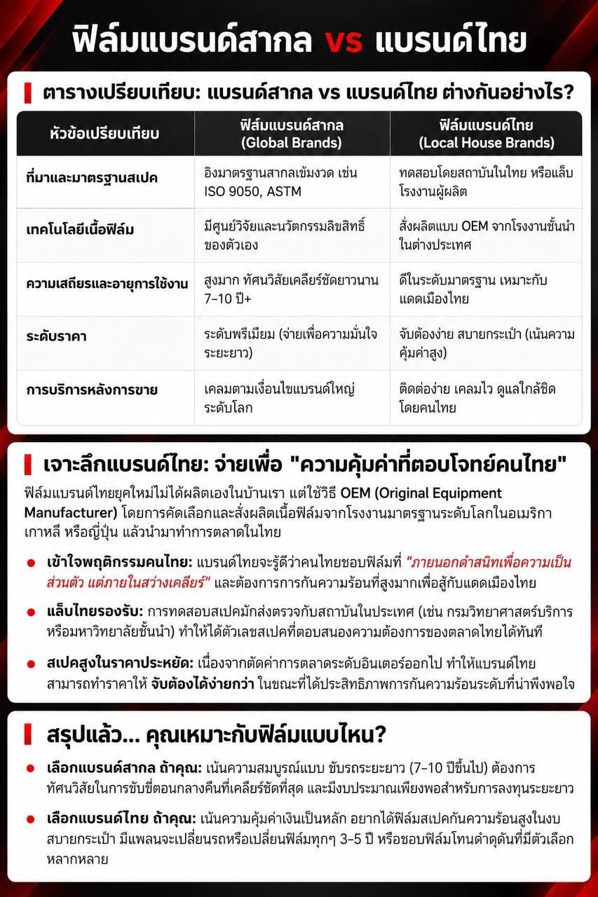 อินโฟกราฟิกตารางเปรียบเทียบฟิล์มแบรนด์สากลกับแบรนด์ไทย และสรุปว่าคุณเหมาะกับฟิล์มแบบไหน
