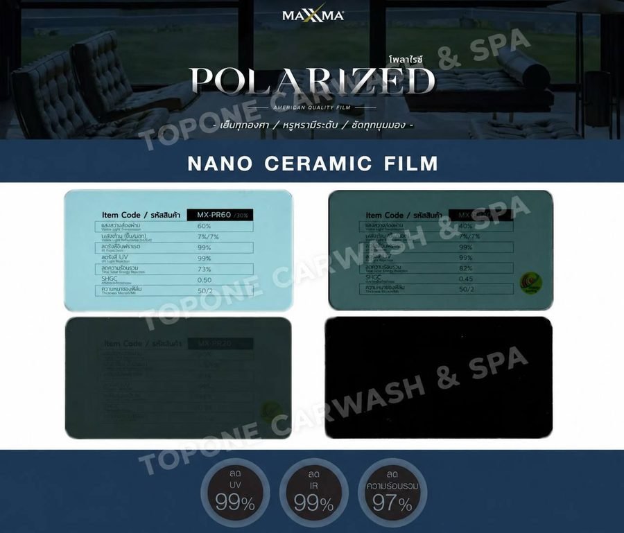 โบรชัวร์ MAXXMA POLARIZED Nano Ceramic Film พร้อมการ์ดค่าประสิทธิภาพรหัส MX-PR60 และ MX-PR40